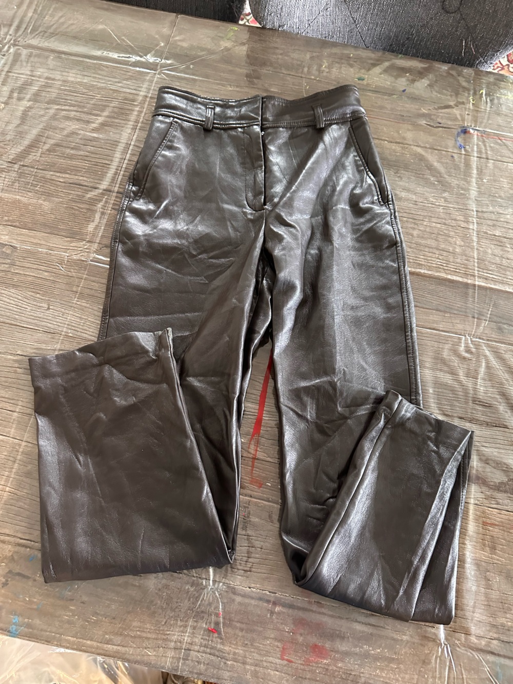 Babaton Brown Faux Leather Straight-Leg Pants